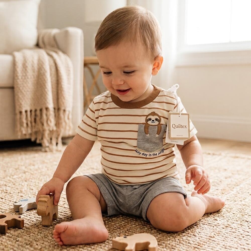 NWT Quiltex Baby Boys Sloth Stripe T-Shirt & Shorts Set 12 Months